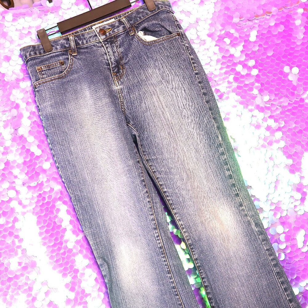 MED WASH JEANS 7 LA Blues Flares Grey Melrose Vintage 90s Y2K Stretch Denim Pant